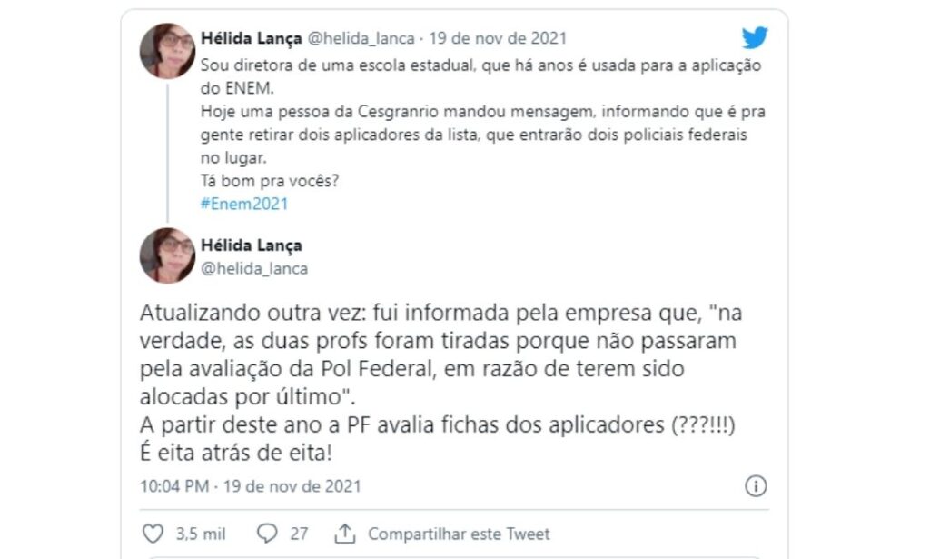 Professora Hélida Lança denuncia recomendação de que Policias Federais apliquem a prova do Enem. 