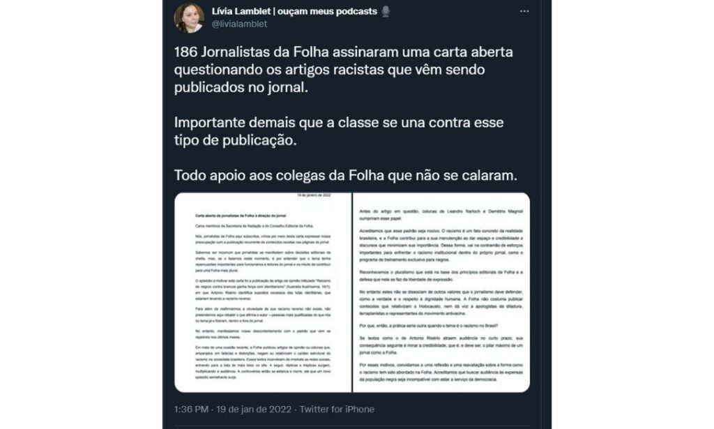 Jornalistas da Folha de São Paulo divulgam carta em repúdio à coluna racista__