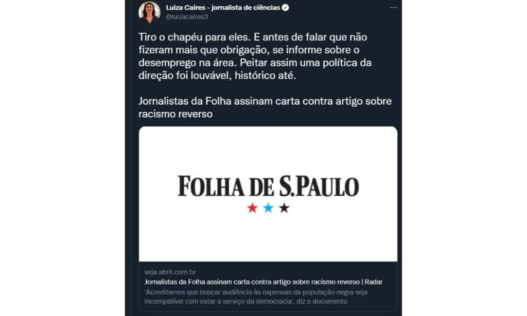 Jornalistas da Folha de São Paulo divulgam carta em repúdio à coluna racista____